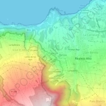 Topografische kaart Tigaiga, hoogte, reliëf