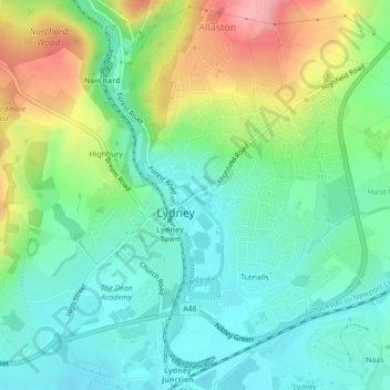 Topografische kaart Lydney Hub, hoogte, reliëf