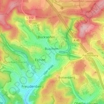 Topografische kaart Büschergrund, hoogte, reliëf