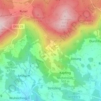 Topografische kaart Datting, hoogte, reliëf