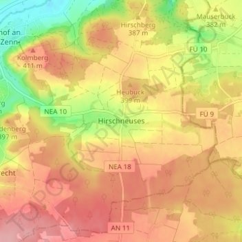 Topografische kaart Hirschneuses, hoogte, reliëf