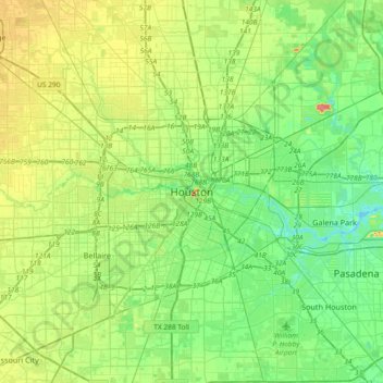 Topografische kaart Houston, hoogte, reliëf