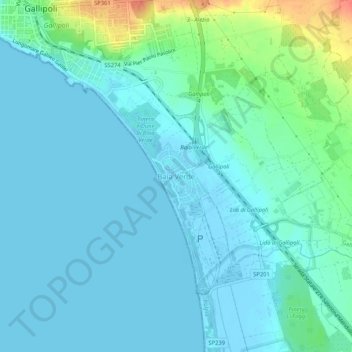 Topografische kaart Baia Verde, hoogte, reliëf