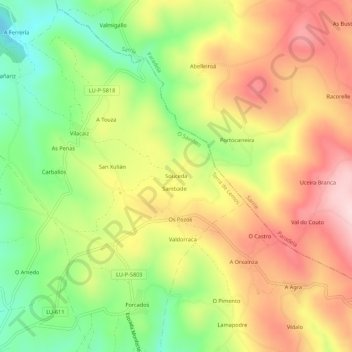 Topografische kaart Souceda, hoogte, reliëf