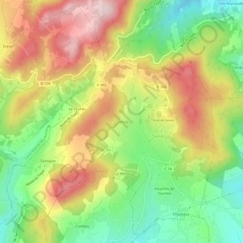 Topografische kaart Charezy, hoogte, reliëf