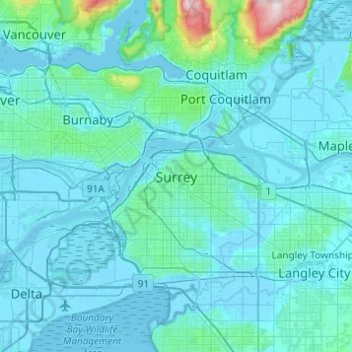 Topografische kaart Surrey, hoogte, reliëf