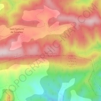 Topografische kaart Massagalls, hoogte, reliëf