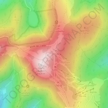 Topografische kaart Col du Grand Ballon, hoogte, reliëf