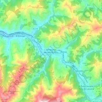 Topografische kaart San Martín del Rey Aurelio, hoogte, reliëf