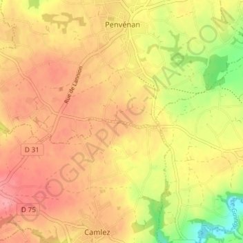 Topografische kaart Kerizout, hoogte, reliëf