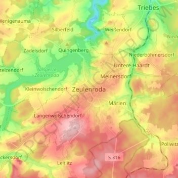 Topografische kaart Zeulenroda, hoogte, reliëf