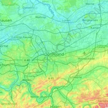 Topografische kaart Dortmund, hoogte, reliëf