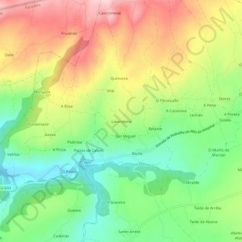 Topografische kaart Lavandeira, hoogte, reliëf