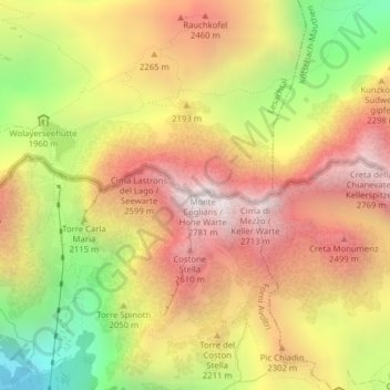 Topografische kaart Monte Coglians / Hohe Warte, hoogte, reliëf