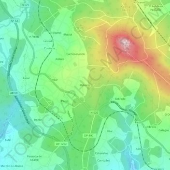 Topografische kaart Milleiros, hoogte, reliëf