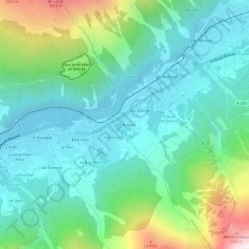Topografische kaart Vers le Nant, hoogte, reliëf