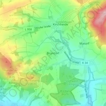Topografische kaart Brüntorf, hoogte, reliëf