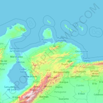 Topografische kaart Falcón, hoogte, reliëf