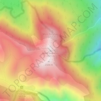 Topografische kaart Mont Gravières, hoogte, reliëf