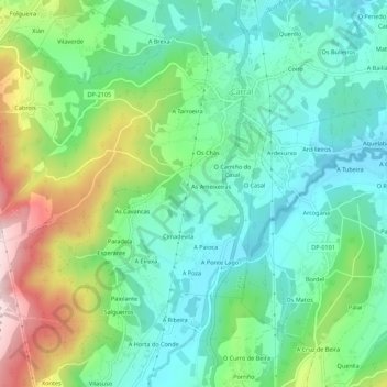 Topografische kaart Fócanos, hoogte, reliëf