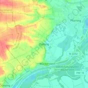 Topografische kaart Dötting, hoogte, reliëf