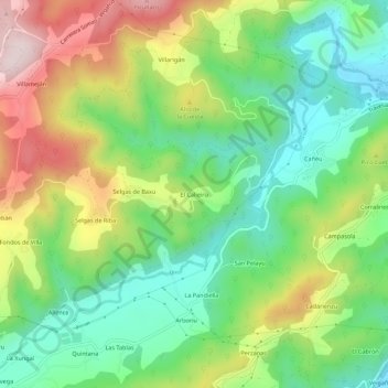Topografische kaart El Caliero, hoogte, reliëf