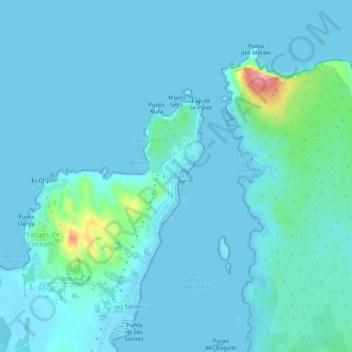 Topografische kaart Fornells, hoogte, reliëf