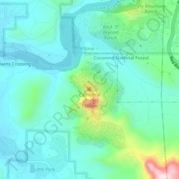 Topografische kaart Cathedral Rock, hoogte, reliëf