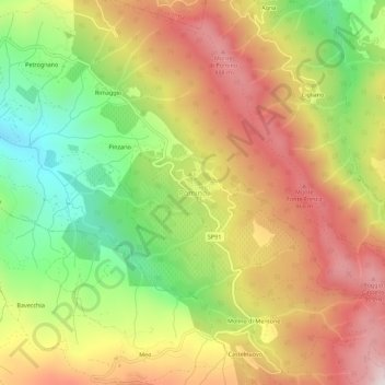 Topografische kaart Pomino, hoogte, reliëf