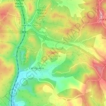 Topografische kaart Carregueira, hoogte, reliëf