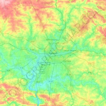 Topografische kaart Rennes, hoogte, reliëf
