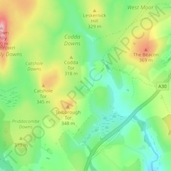 Topografische kaart Codda, hoogte, reliëf