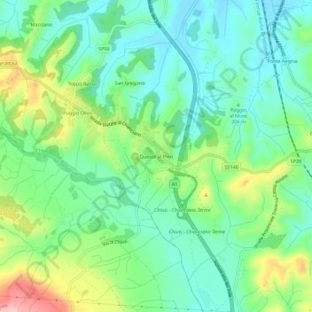 Topografische kaart Querce al Pino, hoogte, reliëf
