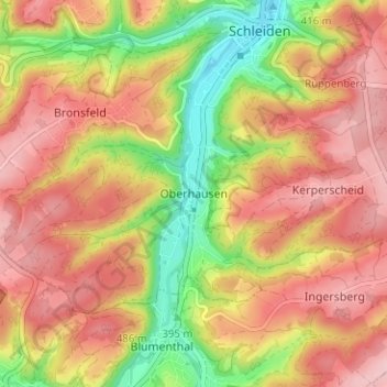 Topografische kaart Oberhausen, hoogte, reliëf