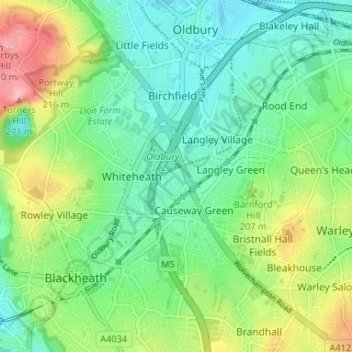 Topografische kaart Titford, hoogte, reliëf