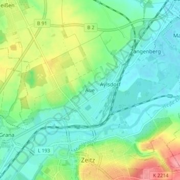 Topografische kaart Aue, hoogte, reliëf