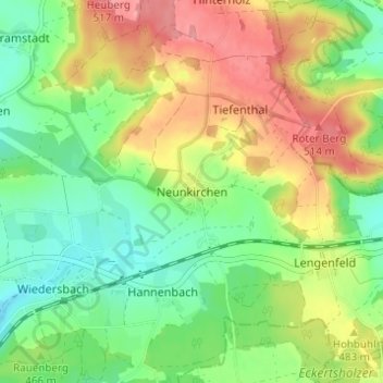 Topografische kaart Neunkirchen, hoogte, reliëf