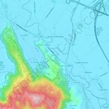 Topografische kaart Bugano, hoogte, reliëf