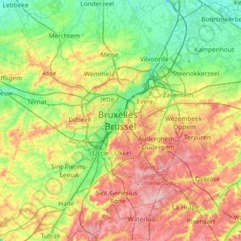 Topografische kaart Brussel, hoogte, reliëf