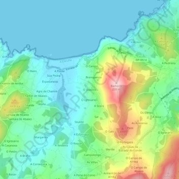 Topografische kaart O Outeiro, hoogte, reliëf