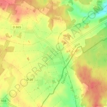Topografische kaart Villemoyenne, hoogte, reliëf