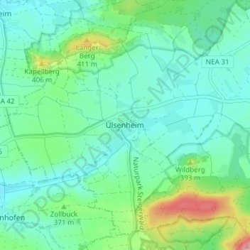 Topografische kaart Ulsenheim, hoogte, reliëf
