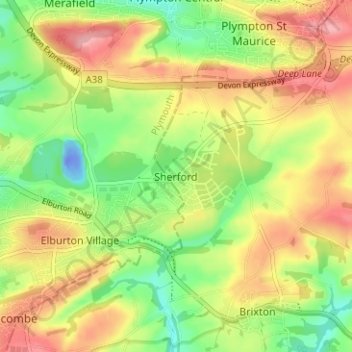 Topografische kaart Sherford, hoogte, reliëf