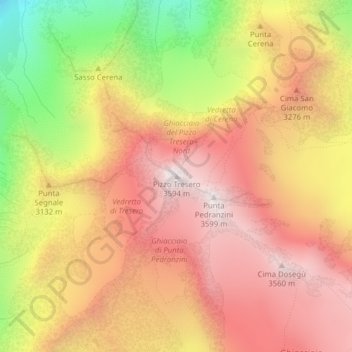 Topografische kaart Pizzo Tresero, hoogte, reliëf