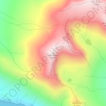 Topografische kaart Mweelrea, hoogte, reliëf