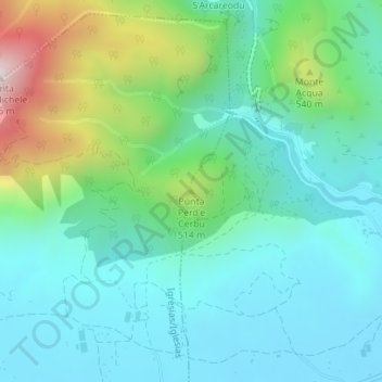 Topografische kaart Punta Perd'e Cerbu, hoogte, reliëf