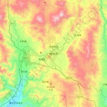 Topografische kaart Tengchong, hoogte, reliëf