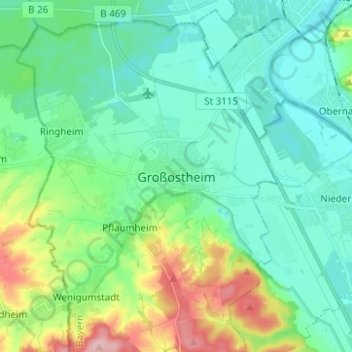 Topografische kaart Großostheim, hoogte, reliëf
