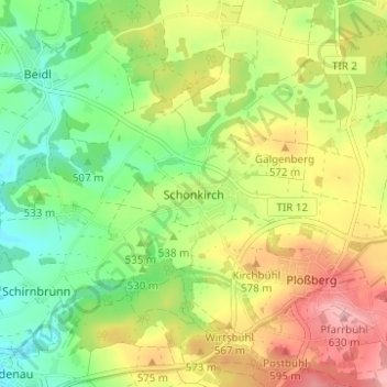 Topografische kaart Schönkirch, hoogte, reliëf