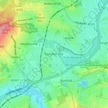 Topografische kaart Badshot Lea, hoogte, reliëf